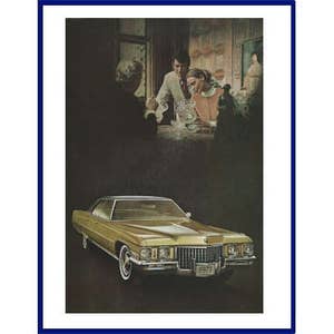 May include: Vintage advertisement featuring a gold-colored coupe with a white roof and whitewall tires. The car is the focal point, with a scene of people at a table above it. The image has a dark, moody aesthetic.