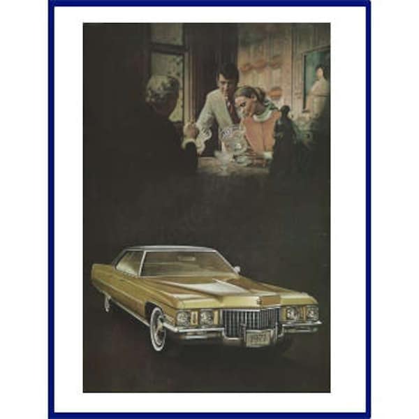 CADILLAC SEDAN DEVILLE Automobile 1971 Vintage couleur originale impression publicité - cristal Antique Shopping thème