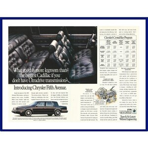 CHRYSLER FIFTH AVENUE Automobile Original 1990 Vintage Print Werbung - Interior View of Black Car