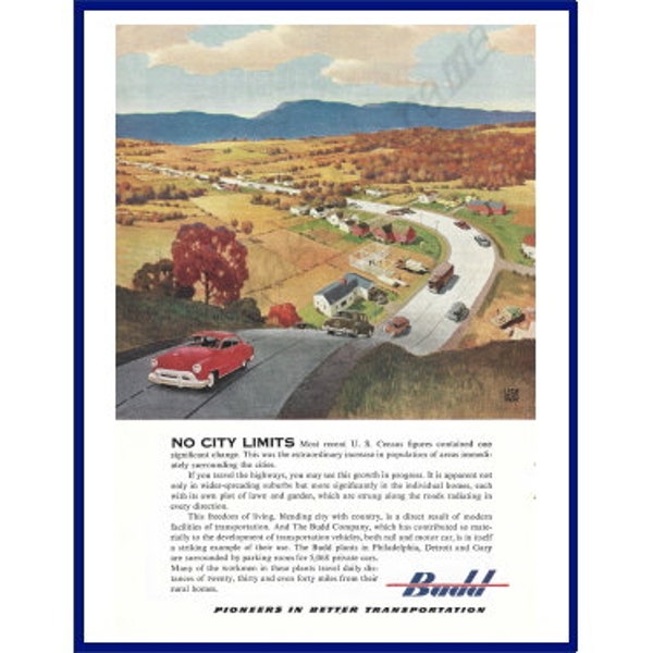 BUDD COMPANY Original 1951 Vintage Color Print Advertisement - Illustration by Leslie Ragan Suburban Sprawl and Commuting to Work