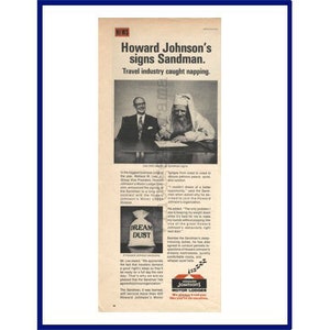 HOWARD JOHNSON'S Motor Lodge Original 1971 Vintage Print Pubblicità "Howard Johnson's Signs Sandman. L'industria dei viaggi catturata a sonnecchiare."