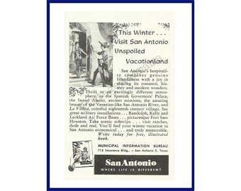 SAN ANTONIO, TEXAS Original 1950 Vintage Black & White Print Advertisement "This Winter Visit San Antonio Unspoiled Vacationland"