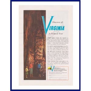 VIRGINIA Original 1957 Vintage Color Print Advertisement - Shenandoah Valley Caverns &quot;Discover All Virginia In Festival Year&quot;