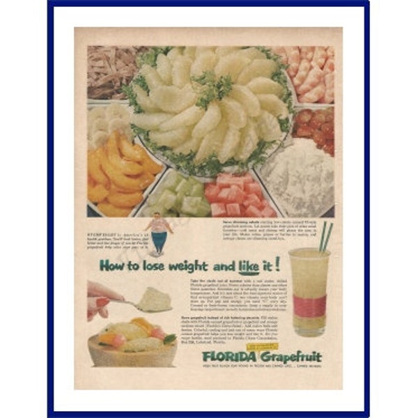 FLORIDA PAMPLEMOUSSE Original 1953 vintage Extra Large Color Print Annonce « Comment perdre du poids et l’aimer! » Florida Citrus Commission, Lakeland