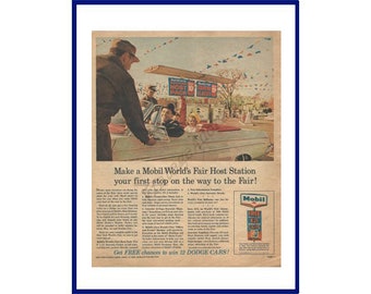 MOBIL WORLD'S FAIR Host Station Original 1964 Vintage Extra Large Color Print Advertisement - Souvenir Host Pack & Glasses