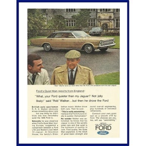 May include: Vintage advertisement for a gold-colored Ford car. The ad features two men in conversation, with the car parked in front of a large building. Text includes the Ford logo and the phrase "Ford's Quiet Man reports from England."