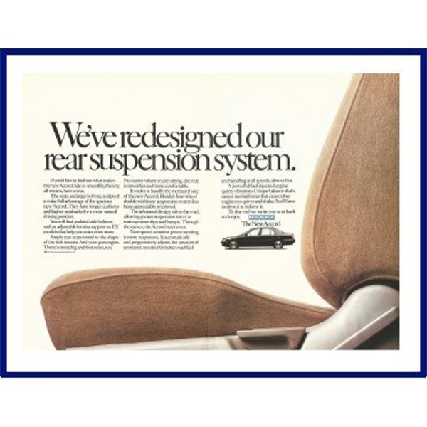 HONDA ACCORD AUTOMOBILE Original 1990 Vintage Color Print Advertisement - Tan Car Seat "We've Redesigned Our Rear Suspension"