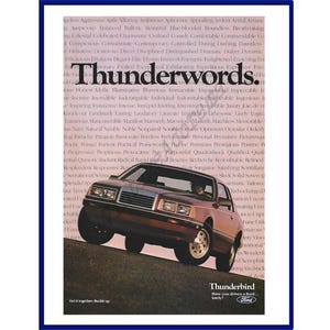 FORD THUNDERBIRD AUTOMOBILE Original 1985 Vintage Color Print Advertisement &quot;Thunderwords.&quot;