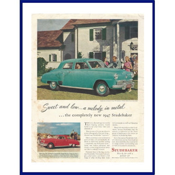 1947 STUDEBAKER AUTOMOBILE Original 1946 Vintage Extra Large Color Print Advertisement - Light Blue Champion Regal Deluxe 4-Door Sedan Car