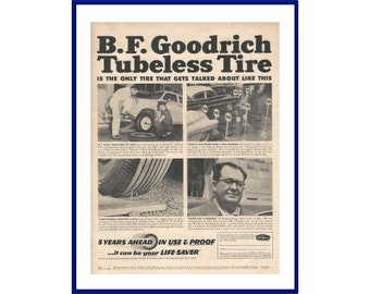 B.F. GOODRICH Tubeless Automobile Tires Original 1953 Vintage Extra Large Advertisement "The Only Tire That Gets Talked About Like This"
