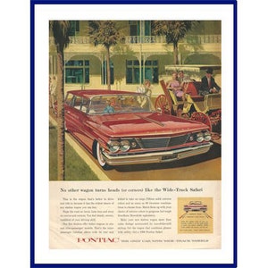 PONTIAC CATALINA SAFARI Automobile Original 1960 Vintage Extra Large Color Print Advertisement - Red Station Wagon * Horse-Drawn Carriage