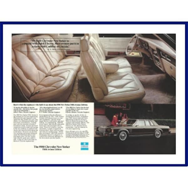 1980 CHRYSLER NEW YORKER Fifth Avenue Edition Automobile Original 1979 Vintage Color Advertisement - Black 4-Door Luxury Car / Interior View