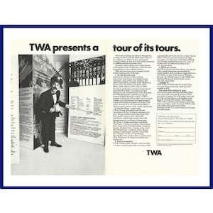 TWA Tours / Trans World Airlines Anúncio original com impressão em preto e branco vintage de 1969 &quot;TWA apresenta um tour por seus passeios.&quot; Guia turístico