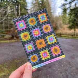 Groovy Crochet Granny Squares Sticker Sheet, Set of 12 Mini Stickers, Durable Waterproof and Weatherproof Vinyl