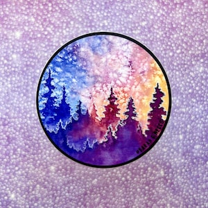 Mystical Forest & Galaxy, Watercolor Art Sticker, Waterproof and Dishwasher Safe, Vinyl 3" Circle, Holographic Option Matte