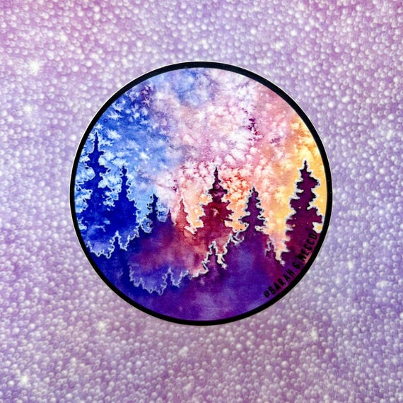 Mystical Forest & Galaxy, Watercolor Art Sticker, Waterproof and Dishwasher Safe, Vinyl 3" Circle, Holographic Option