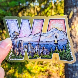 Washington State Landscape Letters, 3.5&quot;x2.25&quot; Clear Vinyl Die-Cut Sticker, Waterproof and Dishwasher Safe