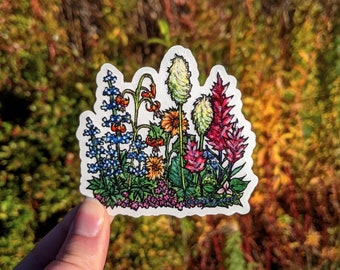 Pacific Northwest Wildflowers Watercolor Art Sticker, 3" Clear Vinyl, Weatherproof & Dishwasher Safe