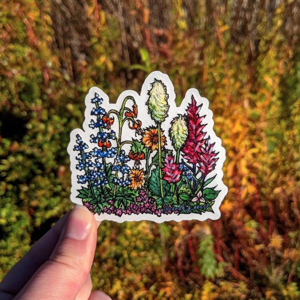 Pacific Northwest Wildflowers Watercolor Art Sticker, 3" Clear Vinyl, Weatherproof & Dishwasher Safe