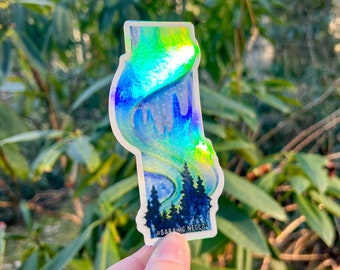 Northern Lights, 2”x4” Holographic Vinyl Die Cut Sticker, Waterproof and Dishwasher Safe