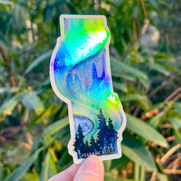 Northern Lights, 2”x4” Holographic Vinyl Die Cut Sticker, Waterproof and Dishwasher Safe