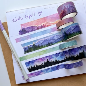 Set of 6 Landscape Washi Tapes, Three Rolls of each: 2.5cm and 1cm Wide, 5m Long