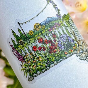 Flower Garden Gate, 3.75”x6" Clear or White Vinyl Die Cut Wrap Sticker, Waterproof and Dishwasher Safe image 3