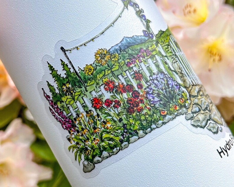 Flower Garden Gate, 3.75”x6" Clear or White Vinyl Die Cut Wrap Sticker, Waterproof and Dishwasher Safe image 3