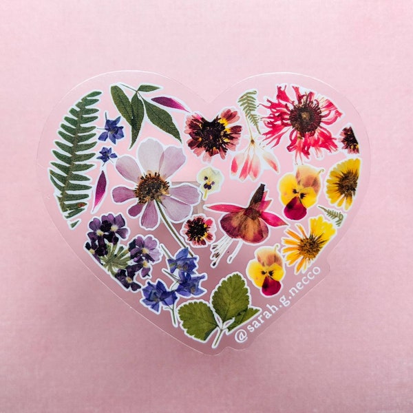 Pressed Flower Heart, Clear Vinyl Sticker- Preserved botanical rainbow heart, Waterproof, Die-Cut Sticker, 3 inches