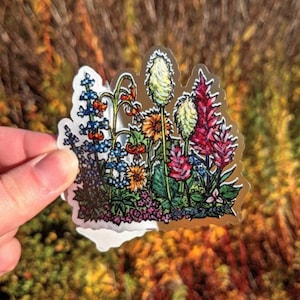 Pacific Northwest Wildflowers Watercolor Art Sticker, 3&quot; Clear Vinyl, Weatherproof & Dishwasher Safe