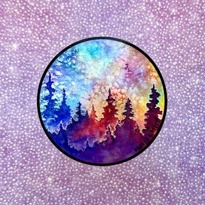 Mystical Forest & Galaxy, Watercolor Art Sticker, Waterproof and Dishwasher Safe, Vinyl 3" Circle, Holographic Option Holographic Rainbow
