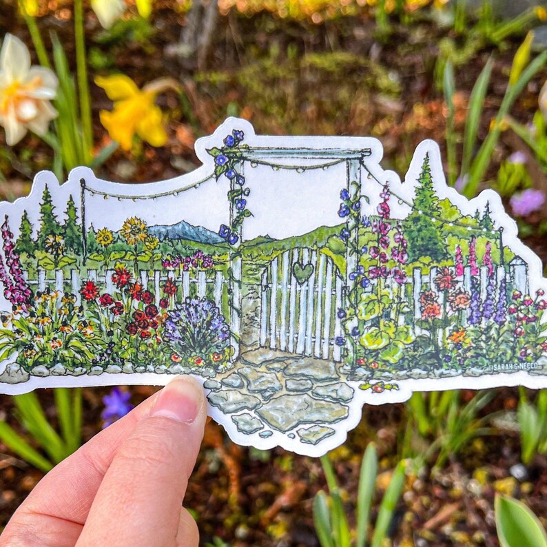 Flower Garden Gate, 3.75”x6" Clear or White Vinyl Die Cut Wrap Sticker, Waterproof and Dishwasher Safe image 2