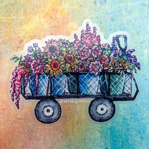 Flower Farming Cart, Clear Vinyl Waterproof Sticker, Die-Cut 3" x 4" Watercolor Art