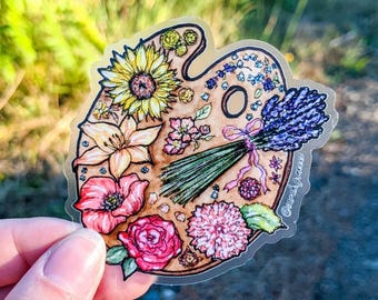 Flower Artist Paint Palette, Clear 3" Die-Cut Vinyl Sticker, Waterproof & Dishwasher Safe, Watercolor Art