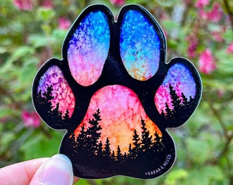 Sunset Forest Dog Paw, Holographic Or Matte, 3” Die-cut Sticker, Waterproof & Dishwasher Safe