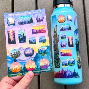 Watercolor Worlds Sticker Sheet 4&quot;x6&quot;, Waterproof Vinyl, Set of 14 Small Landscape Stickers