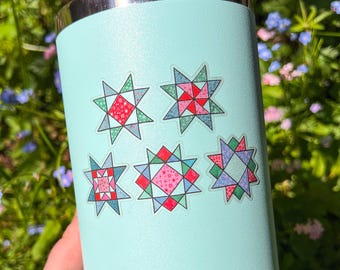 Set of 5 Quilt Block Stickers, Series 2, Small 1.2” Clear Die-Cut Vinyl, Waterproof and Weatherproof