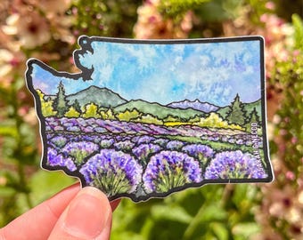 WA Lavender Fields, 3.5"x2.5" WA Die Cut Vinyl Sticker, Waterproof and Dishwasher Safe