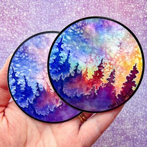 Mystical Forest & Galaxy, Watercolor Art Sticker, Waterproof and Dishwasher Safe, Vinyl 3" Circle, Holographic Option image 3