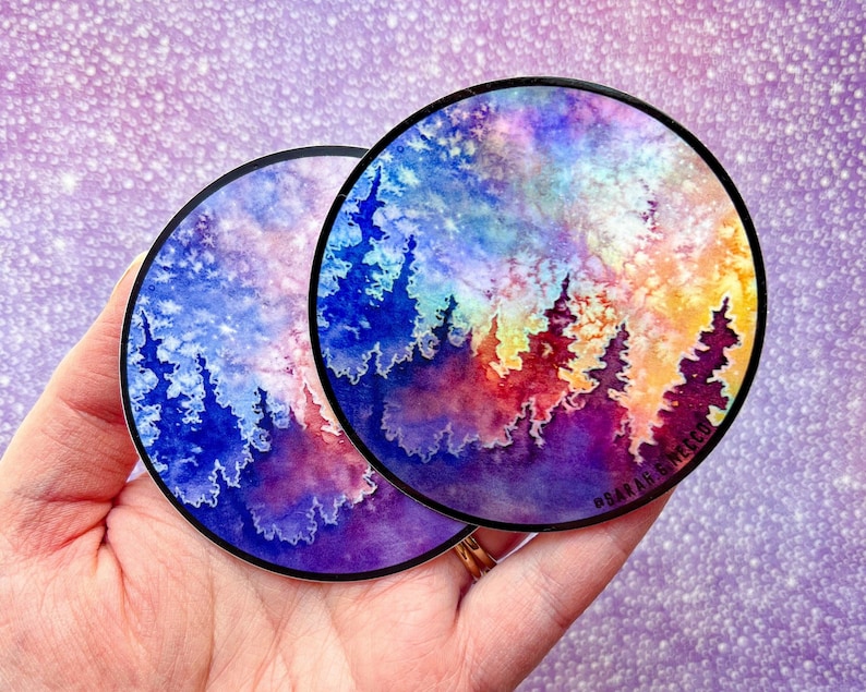 Mystical Forest & Galaxy, Watercolor Art Sticker, Waterproof and Dishwasher Safe, Vinyl 3" Circle, Holographic Option image 3