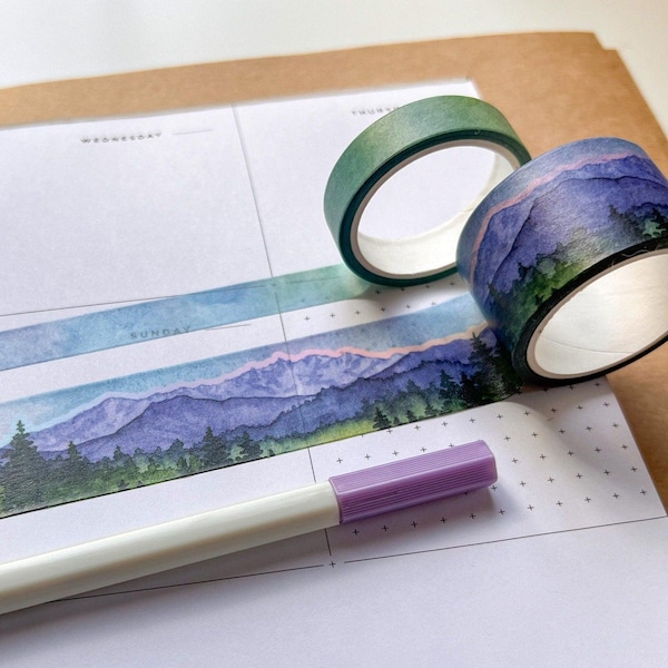 Set of 2 Northwest Landscape Washi Tape, Size 2.5cm and 1cm Wide by 5m Long, Watercolor Art