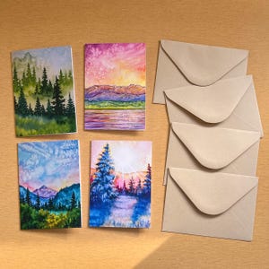 Set of 4 Watercolor Landscape Greeting Cards, 4"x5.5" Blank Cards and Includes Kraft Envelopes