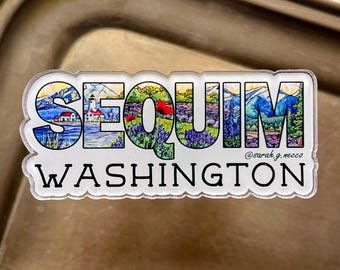Sequim WA Landscape Letters Acrylic Magnet, 1.8”x3.25” Glossy and High Quality Watercolor Art Magnet
