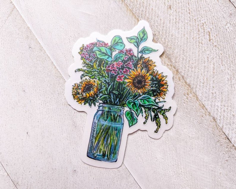 3 inches Weatherproof Die-Cut Sticker Clear Vinyl Sticker- Watercolor painting of fresh cut farm flowers Flower Bouquet in Ball Jar