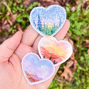 Pastel Landscape Holo Hearts, 2” Holographic Glitter Vinyl Stickers, Waterproof and Weatherproof Die-Cut Stickers