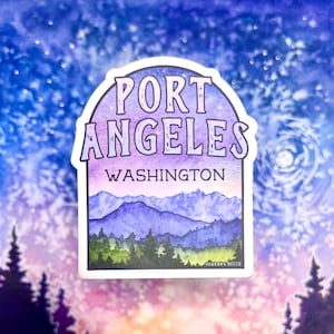 Port Angeles, WA Northwest Landscape, 3” Vinyl Die-Cut Sticker, Weatherproof & Dishwasher Safe