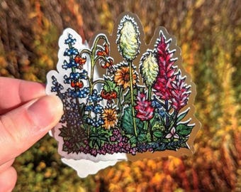 Pacific Northwest Wildflowers Watercolor Art Sticker, 3" Clear Vinyl, Weatherproof & Dishwasher Safe
