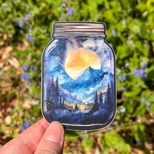 Moonlit Landscape in a Jar, 3" Vinyl Die-Cut Sticker, Waterproof and Dishwasher Safe