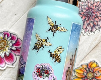 Set of 3 Mini Honey Bees, 1.5&quot; Clear Matte Die-Cut Vinyl Stickers, Waterproof & Dishwasher Safe, Watercolor Art Pollinators