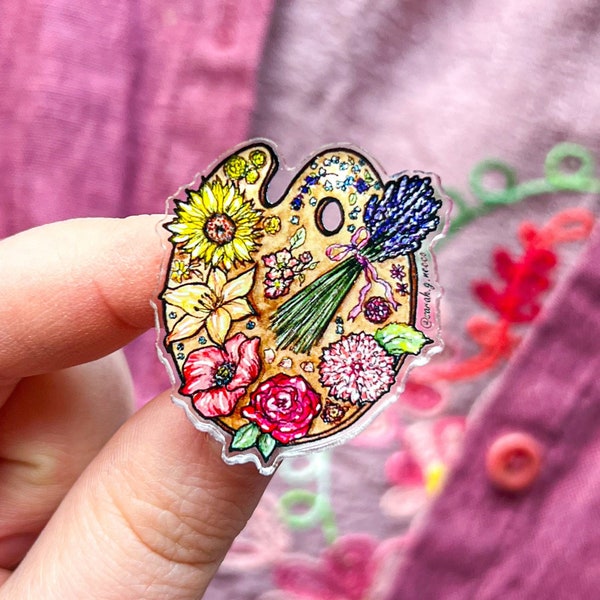 The Flower Artist’s Palette, 1.5” Acrylic Pin with Rubber Clutch, Wearable Watercolor Art